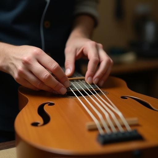 職人が三味線の糸を張り替えている様子